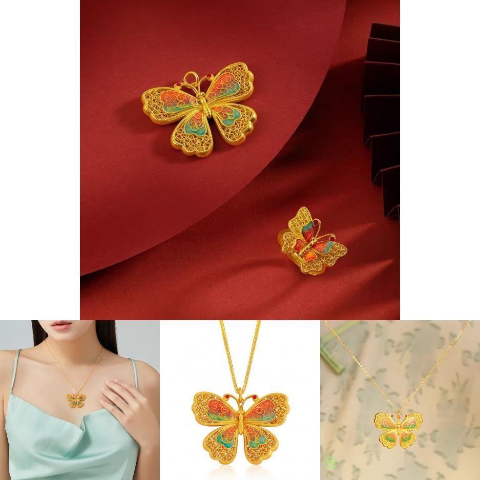 Beautiful Flower Silk Enamel Butterfly Jewelry Set Featuring Adjustable Ring Design