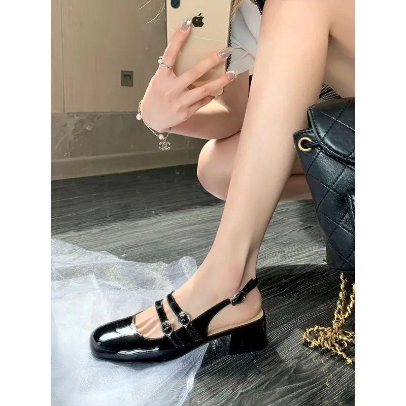 French Retro Square Head Double Buckle with Empty Sandals Women's Summer New Thick Heel Mary Jane Shoes Soft Leather Single Shoes Middle Heel