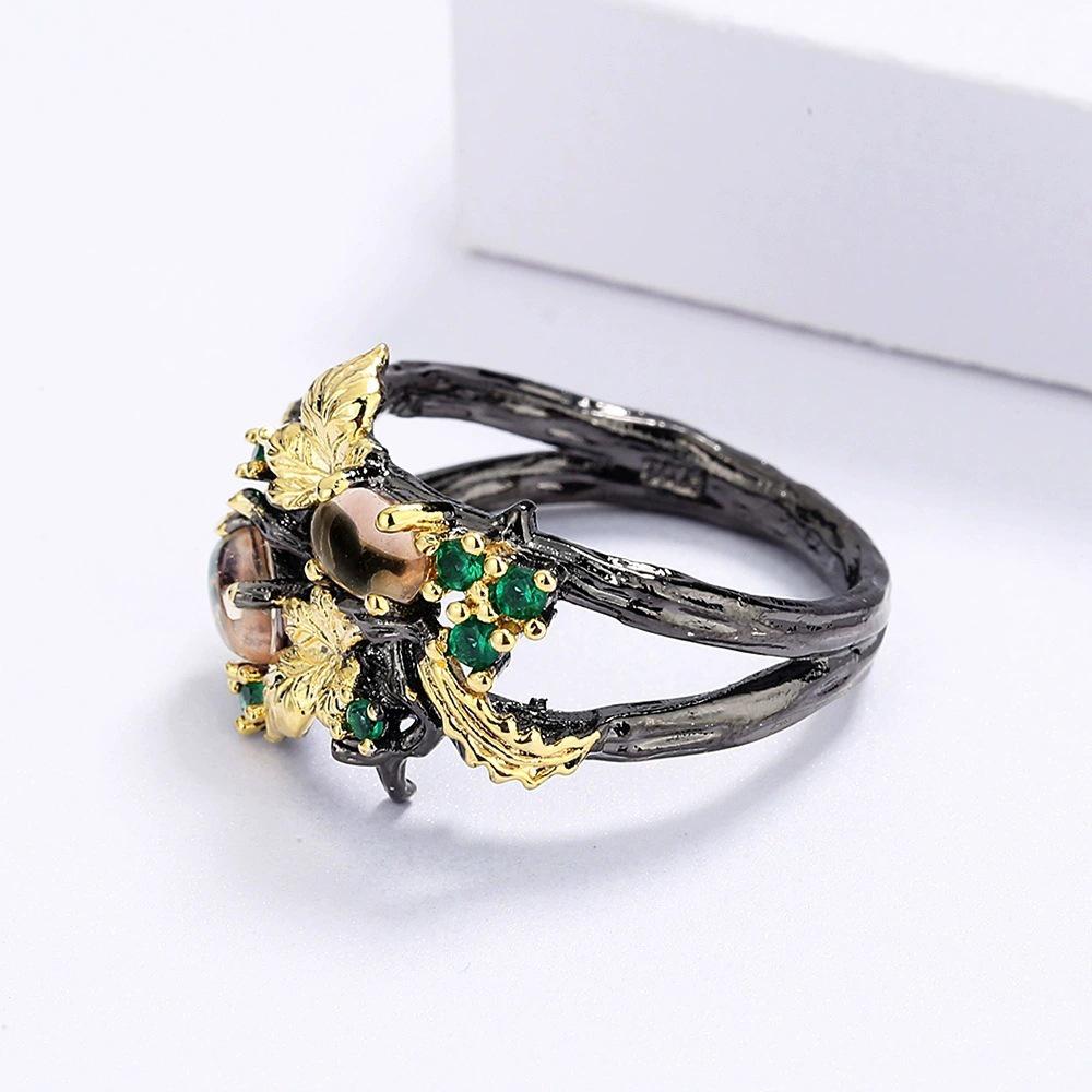 Retro Two-Tone Leaf and Fruit Ring - European & American Inspired Dark Luxury Jewelry