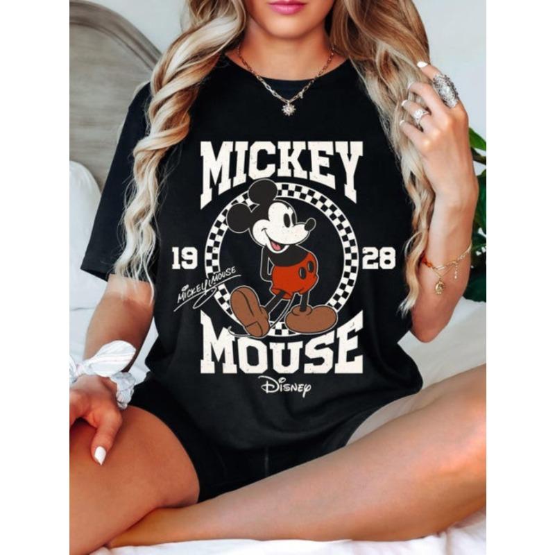  Disney Retro Plaid Mickey and Minnie Mouse 1928 Shirt Disney Couple T-shirt Short Sleeved 100% Pure Cotton Printed T-shirt