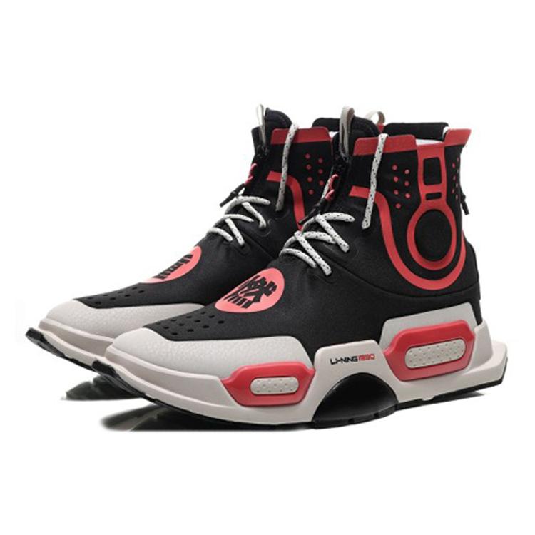 Li Ning Reburn Slip Resistant And Abrasion Resistant Coverage High top Sports Casual Shoes Mens Black Red AGBN054-1