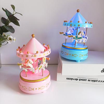 Deluxe Carousel Music Box Light Up with Clockwork 4 Horses Carousel Romantic Toys Handmade Music Box Party Favors