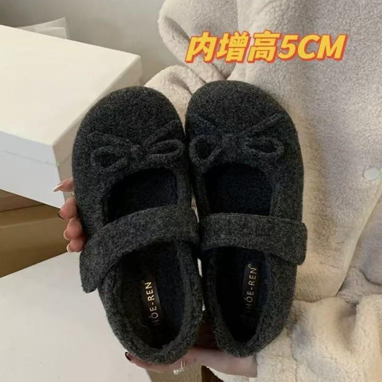 French Xiaoxiangfeng bow versatile hair single shoes 2025 autumn new inner height increase shallow mouth round head Mary Jane shoes