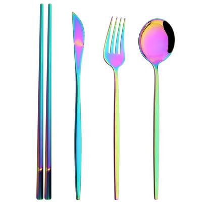 4Pcs Silverware Mirror Dinnerware Stainless Steel Cutlery Set Rainbow Fork Spoon 304 Chopsticks Tableware Western Flatware Set