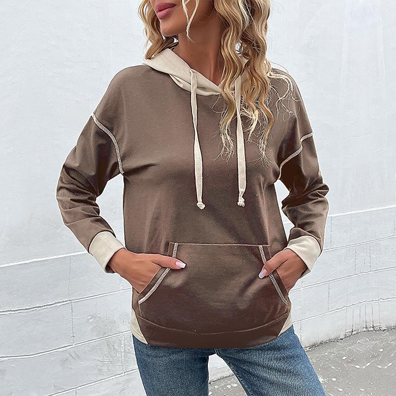 New Autumn Long-sleeved Women's Contrasting Hooded Pocket Pullover Sweat shirt