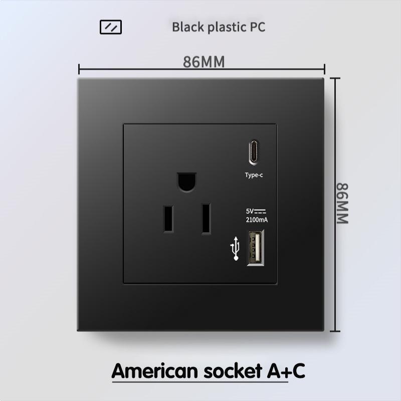 13A British Standard Socket with USB & Type-C Fast Charging, Light Switch, Black Panel for Hong Kong & Macau