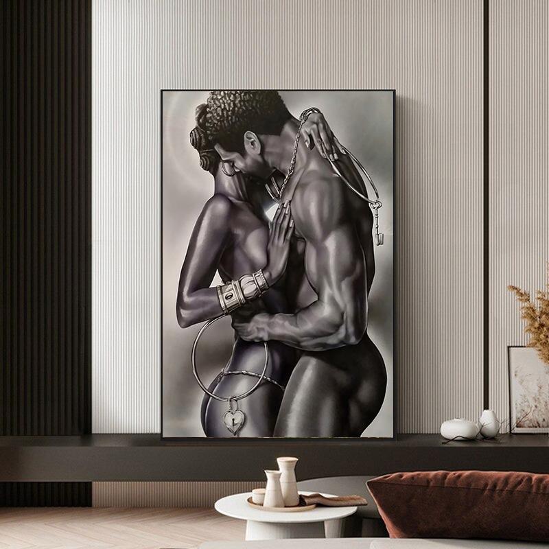 Naked Black Couple Poster Perfect Lovers Wall Art Prints Nude African Black Men and Women Canvas Painting Living Room Portrait Picture Decor 40x60x1