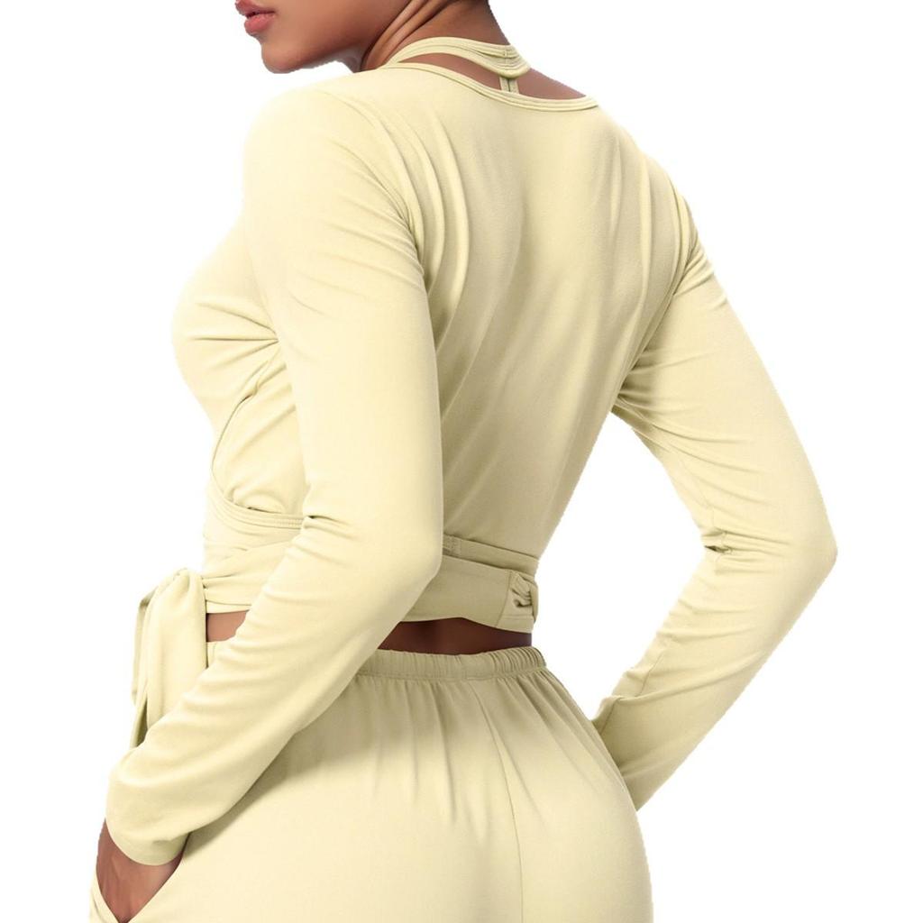 European & American Breathable Wide-Leg Pants with Fitness Halter & Strappy Long-Sleeve Yoga Top