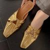Fashion Fashion Metal Decoration Slippers Women  Elegant Square Head Pleated Designer Shoes  Comfortable Soft Leather Low Heel Slippers