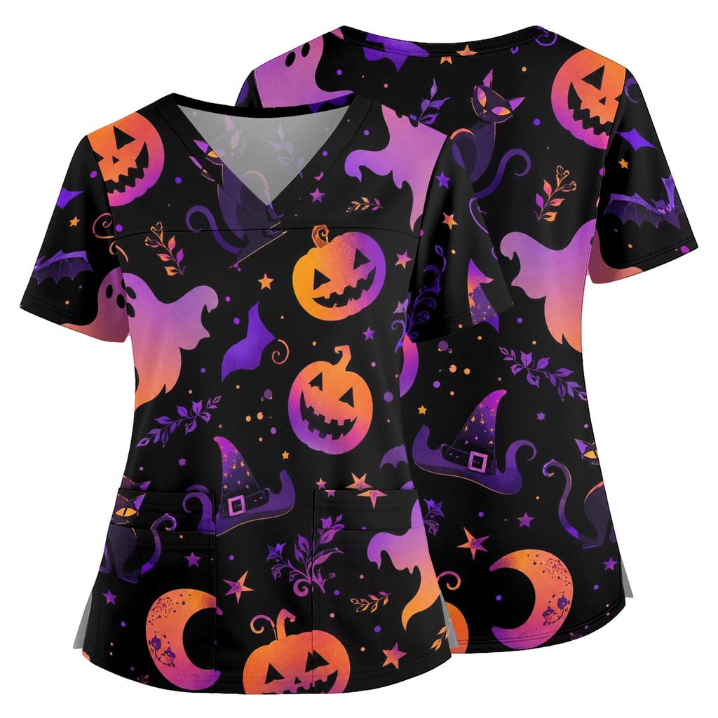 Women's Halloween Print V Neck Medical Scrub Top with Pockets Side Slit Short Sleeve Nurse Uniform Shirt for Healthcare Professionals