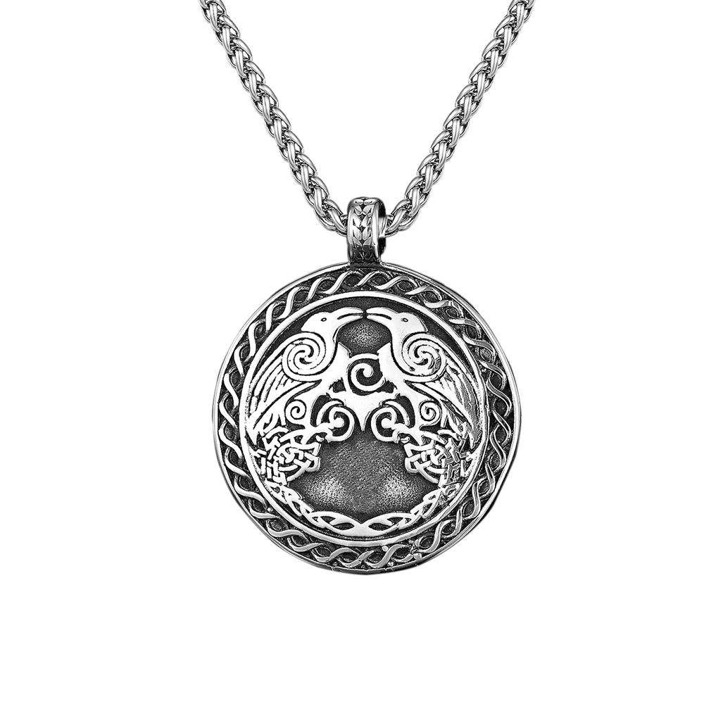 Vintage Norse Viking Odin's Crow Necklace Men Stainless Steel Nordic Mythology Raven Runes Talisman Pendant Scandinavian Jewelry