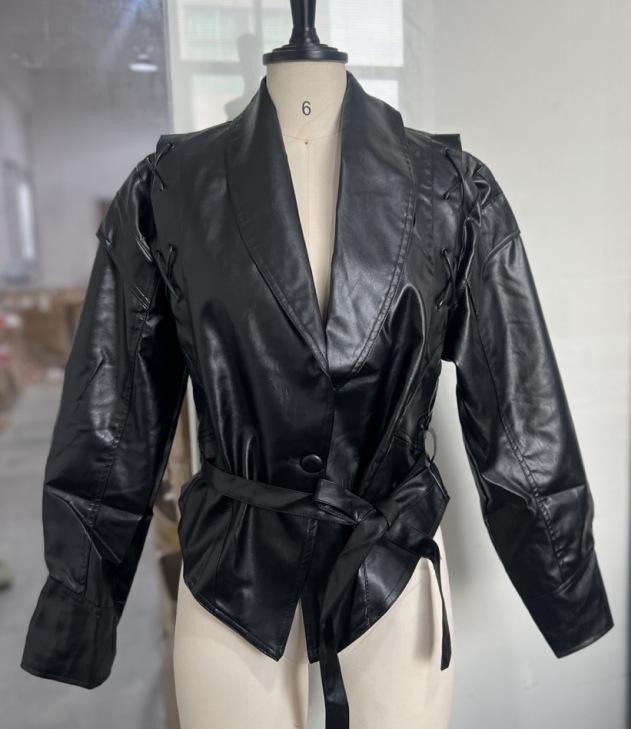 Women's Dark Brown Belted Faux Leather Trench Coat with Wide Lapel