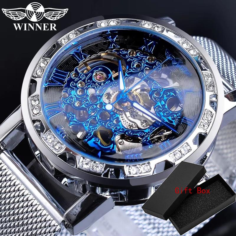 Winner Top Brand Golden Watches Men Skeleton Mechanical Watch Crystal Mesh Slim Stainless Steel Band Luxury Hand Wind Wristwatch