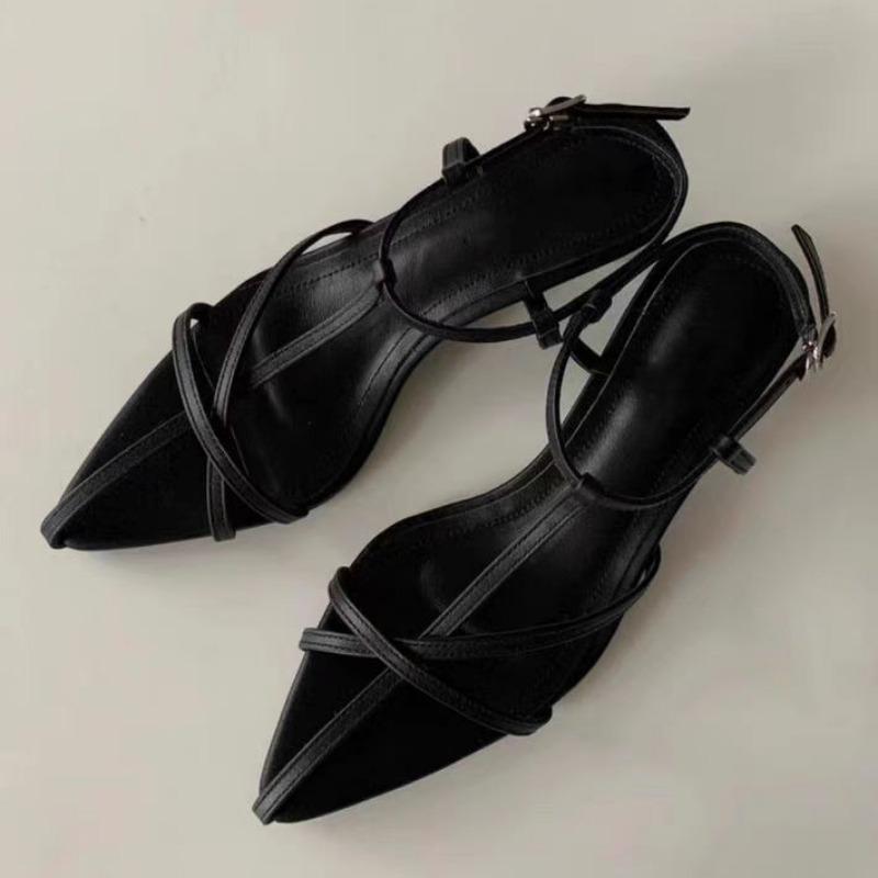 

Fashion Low Heel Shoes Summer New Pointed Fine Belt Interlace Metal Buckle Line with Soft Sole Non-slip Fine Heel Sandals 35 чёрный