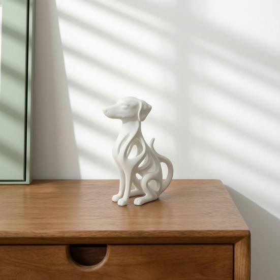 Hollow Curved Dog Sculpture Desktop Ornament, Surface Sitting Hound Figurine, Matte Housewarming Gift White One-Piece Molded for Home Office