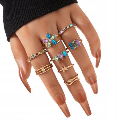 Set Of 8 Colorful Retro Punk Vintage Gold Rings Flower