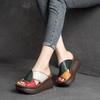 Johnature Retro Women Peep Toe Wedges Slippers Genuine Leather Thick Sole Slides Fashion Platform Shoes