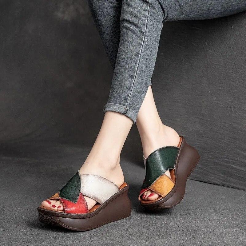Johnature Retro Women Peep Toe Wedges Slippers Genuine Leather Thick Sole Slides Fashion Platform Shoes
