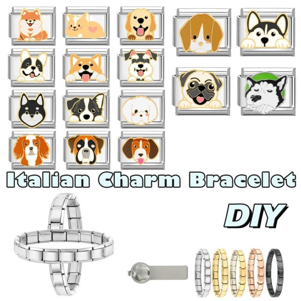 9mm Italian Modular Bracelet Links Beads Stainless Steel Dog Charm Connector Modular Design Stainless Steel Bracelet Family Gift
