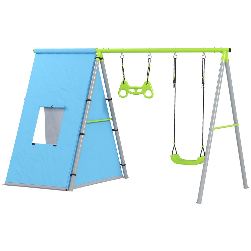 3-in-1 Swing Set, Play Tent, Swing, Gymnastic Rings, Metal, Plastic, Green