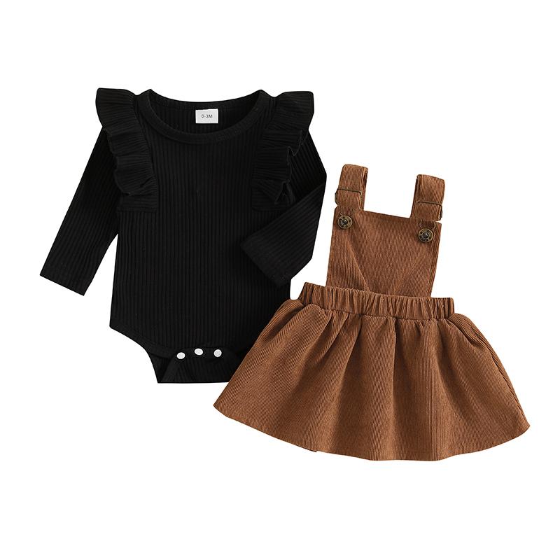 Ensembles de vêtements pour bébés filles Tenues pour tout-petits et nourrissons Combinaison unie à volants avec jupe salopette en velours côtelé Vêtements Automne Hiver