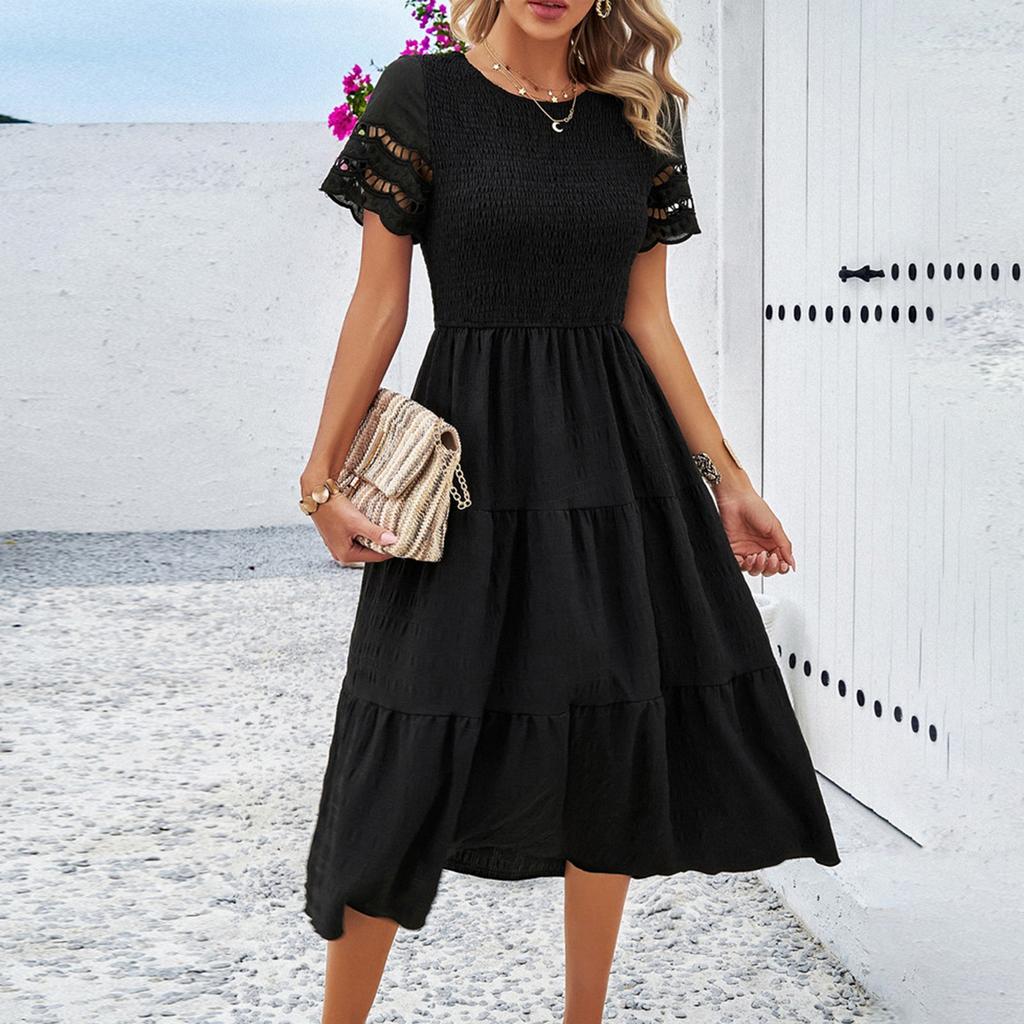 Vestido Feminino da Moda de Cor Sólida, Gola Redonda, Manga Curta, Solto