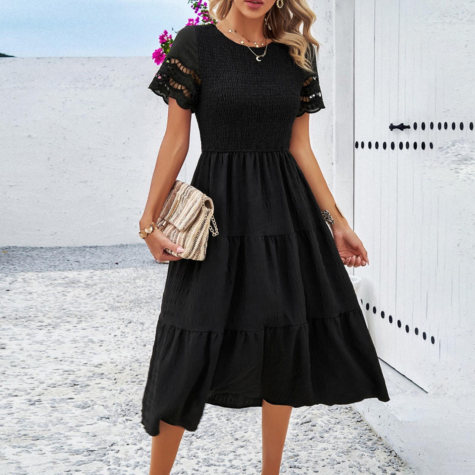 

Женское модное однотонное платье свободного кроя с круглым вырезом и короткими рукавами L чёрный