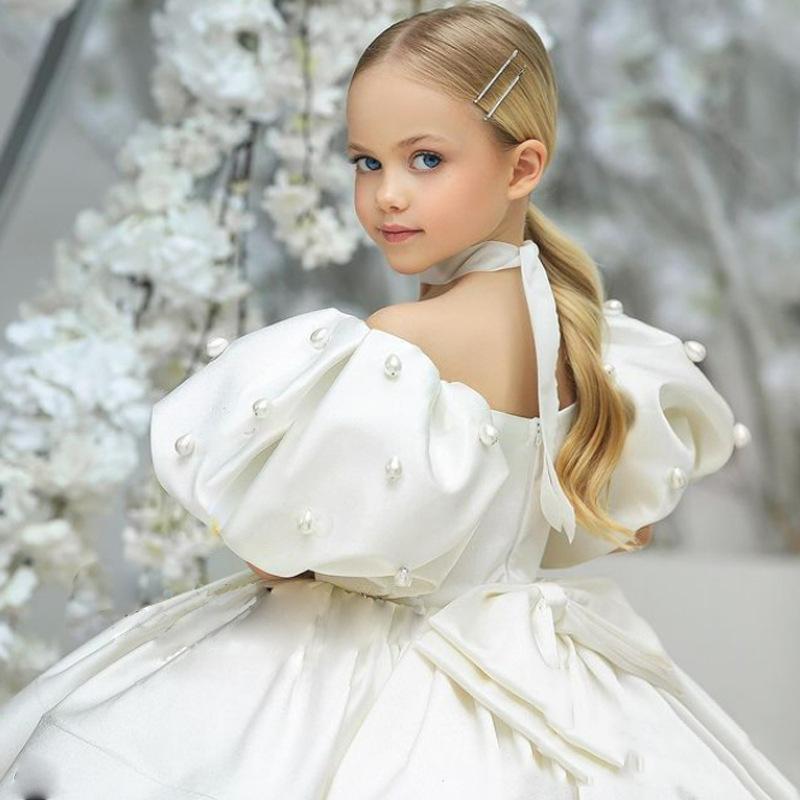 Children's Fashion Show Evening Gown, White Fluffy Silk Princess Dress, Small Host Performance Costume