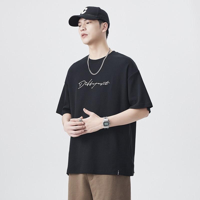 

Heavy Retro Segmented Structure Design, Chest Embroidery Embroidered Loose Round Neck Trendy T-shirt 4XL чёрный