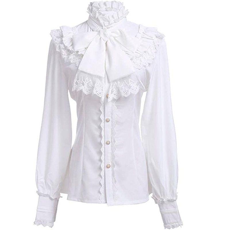 

Amazon s New Victorian Era Shirt Women s Gothic Shirt Retro Long-Sleeved Lotus Pleated Top Lolita Shirt White S