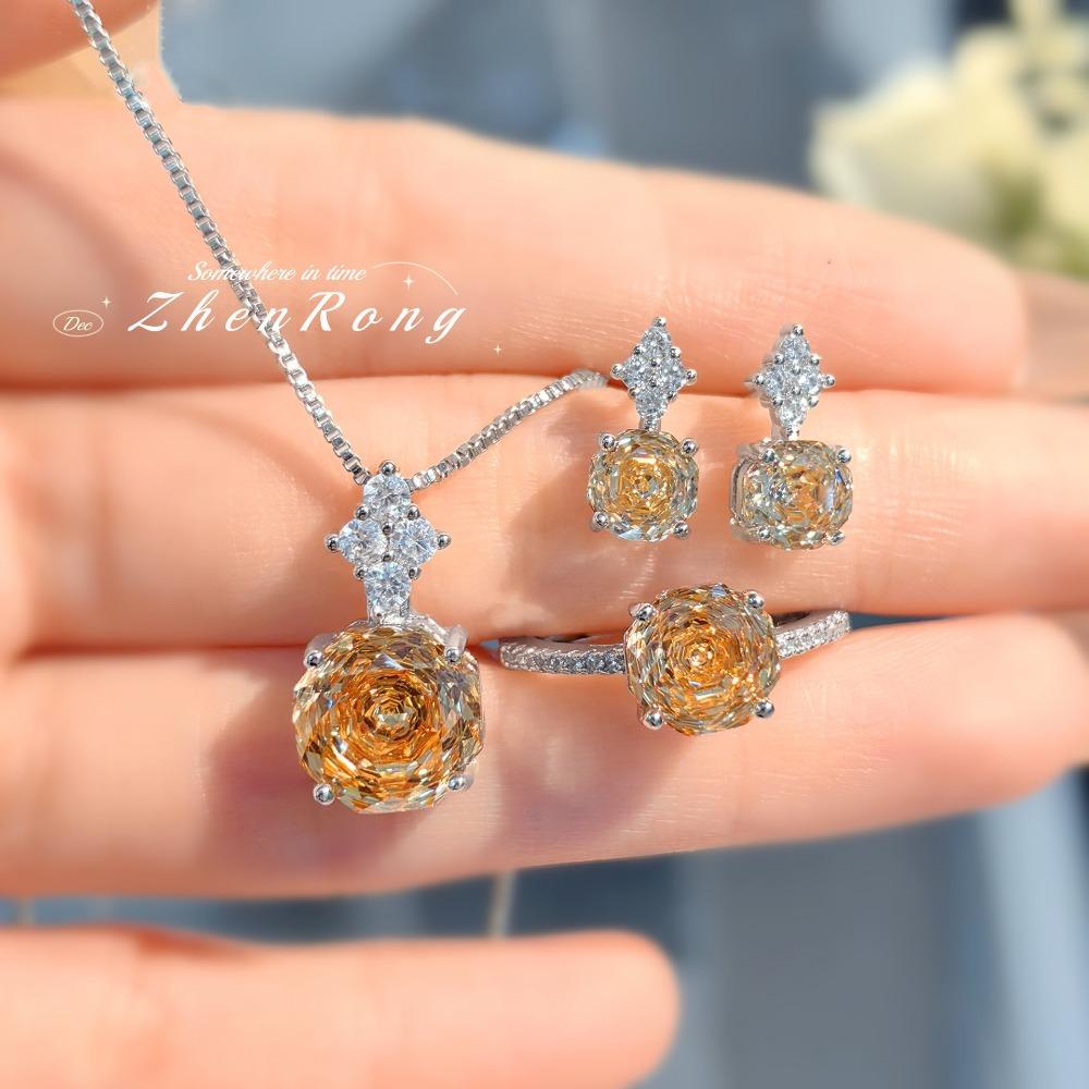 

Women Jewelry Set Octagonal Rose Cut Pendant Necklace Champagne Diamond Ring Apple Green Earrings Pink Gemstone Set