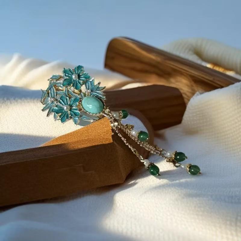 Blue Auspicious Clouds Pearl Tassel Hair Clip - Elegant Chinese Style Hairpin Accessory