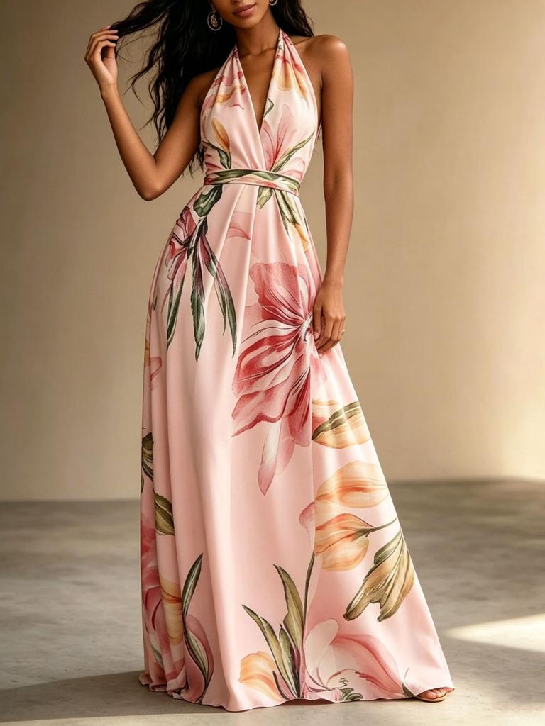 Europe, America 2026 summer printed neck long dress backless vacation style elegant pendulum lace-up dress