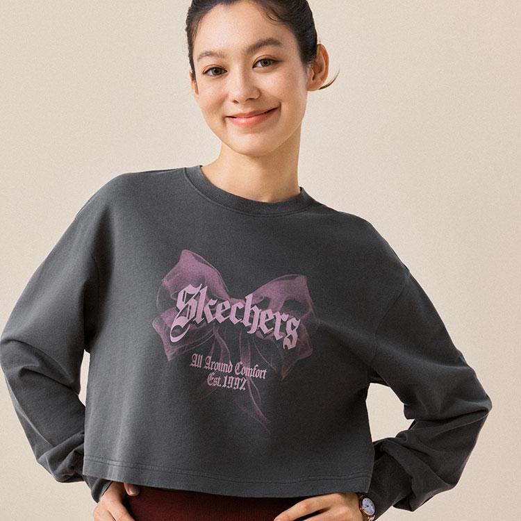 Skechers Sport Alliance Series American Retro Bow Element Logo Print Casual Commuter Comfortable Short Pullover Sweatshirt L325W065-013P