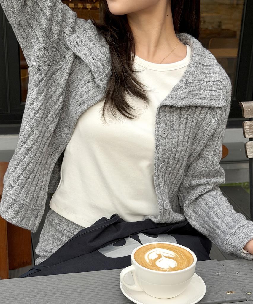 Brighten High-Neck Knit Cardigan Gray