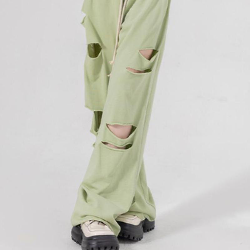 Plus Size Women's Summer/Autumn Thin High-Waist Distressed Wide-Leg Pants - Loose Casual Athletic Trousers with Trendy Style