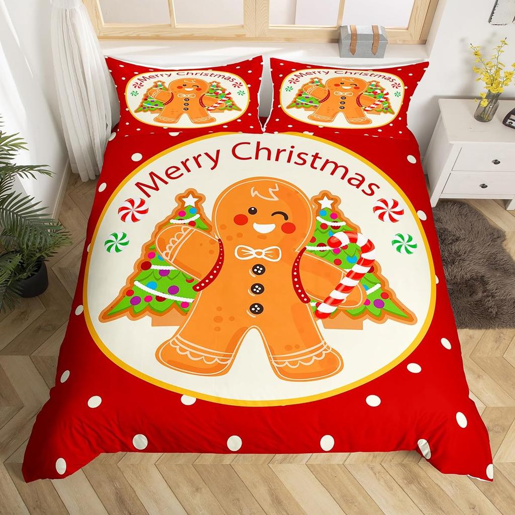 Gingerbread Man Xmas Theme Duvet Cover Christmas Comforter Cover Cartoon Snowman Christmas Tree Bedding Set Pink Quilt Cover