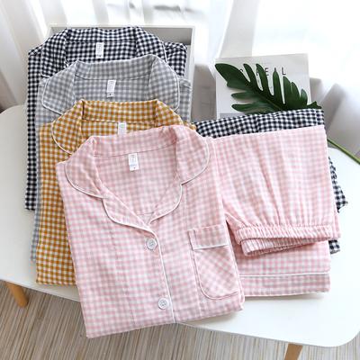 New Couple Pajamas Long-sleeved Trousers Two-piece Cotton Gauze Simple Plaid Home Service Suit for Men and Women