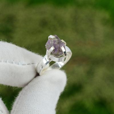 Pentagon Amethyst Rough Gemstone Wife Promise Ring Jewelry Size 6.5 925 Silver