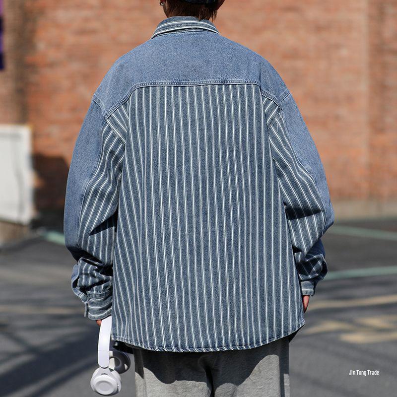 Herrjacka Vår/Höst Randig Lapptäcke Denimjacka - Trendig, Cool, Lös Passform, Tvättad Arbetskläder i Amerikansk Hong Kong-stil.