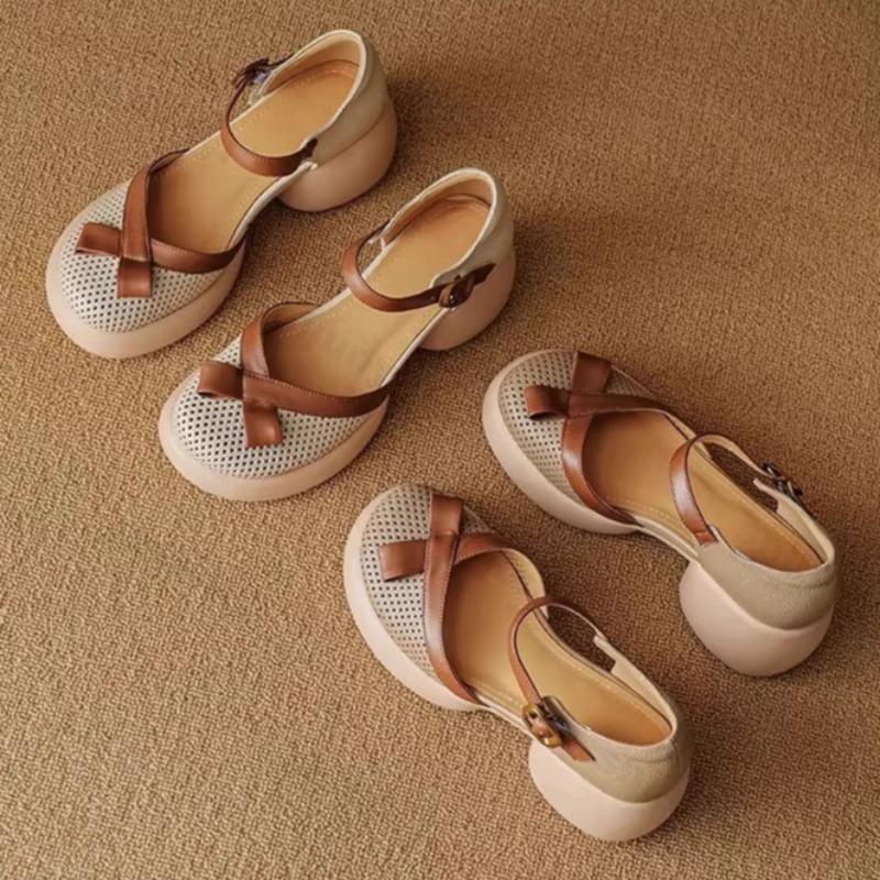 Fashion Retro Style Hollow Toe Breathable Thick Heel Sandals for Women's Summer 2025 New Fashion Bows Designed Elegant Comfortable Pumps