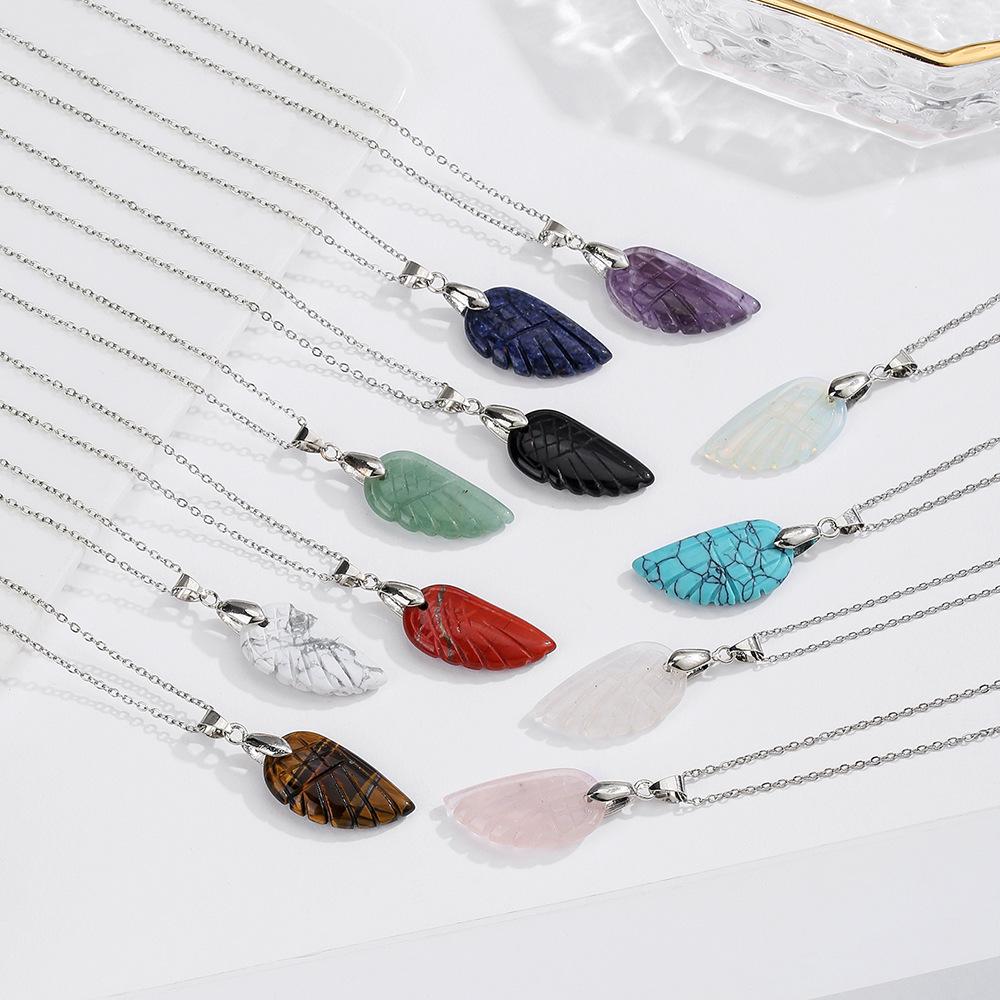 Natural Crystal Angel Wings Pendant Necklace - White Bohemian Charm Jewelry