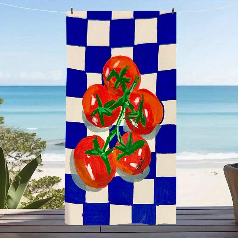 Tomato Print Striped Beach Towel Lightweight Quick Dry Soft Microfiber For Travel Swimming