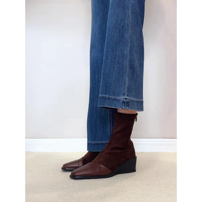 Sheepskin Version~ Thick-soled Wedge Elastic Thin Boots Retro Square Head Short Boots Women's Rear Zipper Socks Boots Slim Martin Boots
