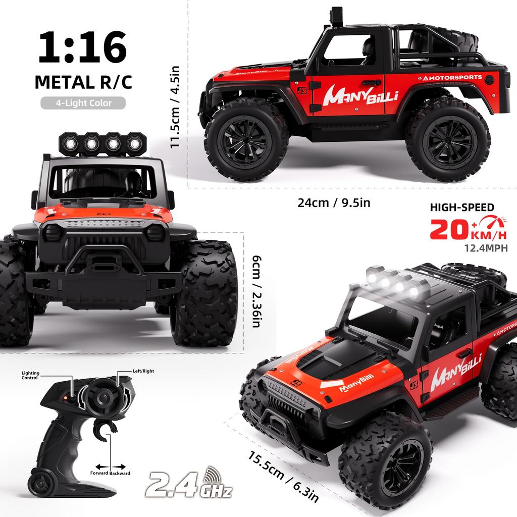 1:16 Scale Metal Remote Control Cars 2WD High-Speed RC Vehicle 20Km/H 2.4Ghz With Light RC Car For Kids Boys Gifts