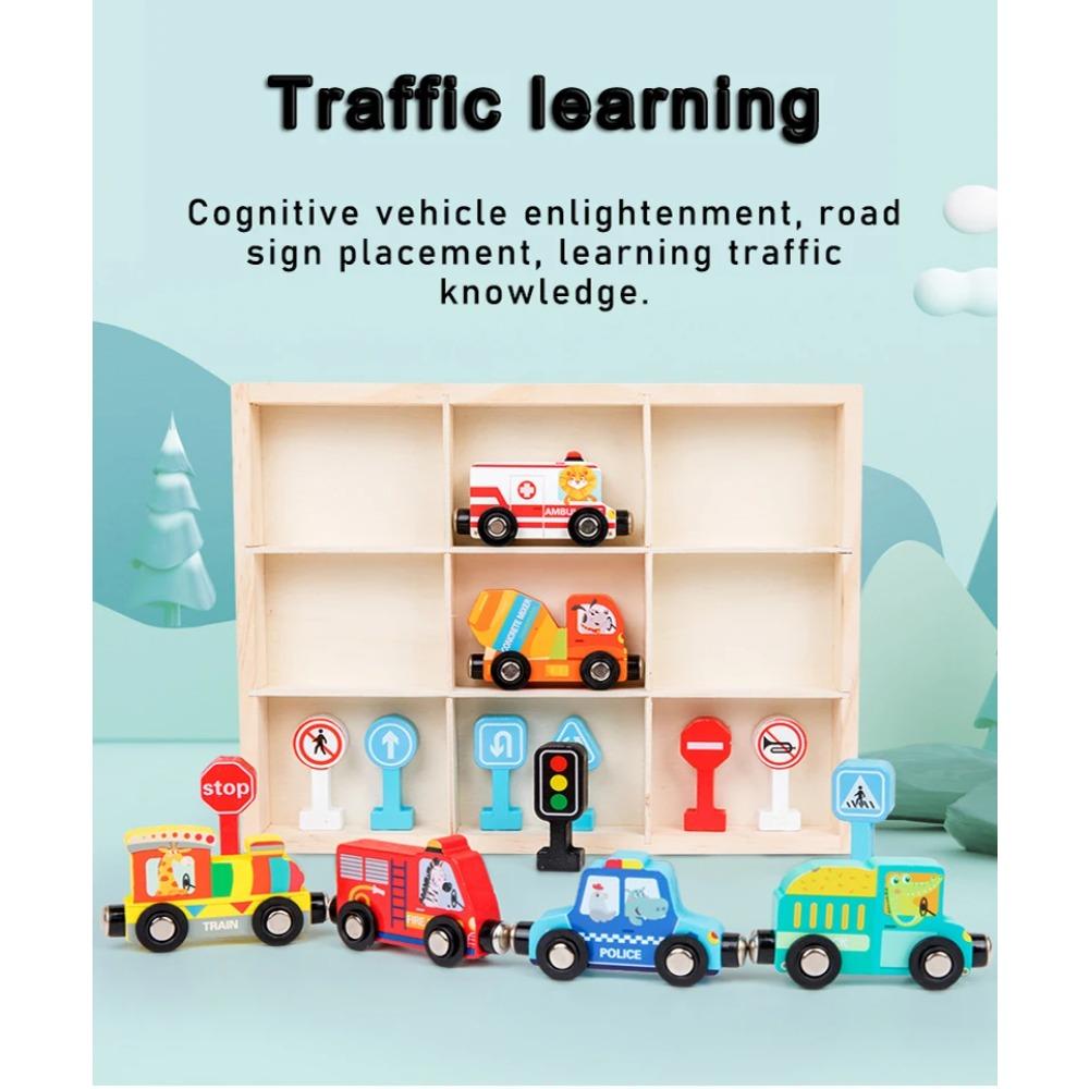 Montessori Wooden Toys Magnetic Small Train DIY Traffic Sign Recognition Vehicle Cognition Car Models Children Educational Toys