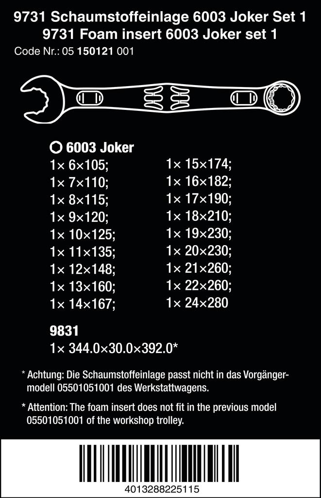 WERA JOKER6003 Combination Wrench and Bottle Opener Set with Foam Insert 19-Piece (150121)