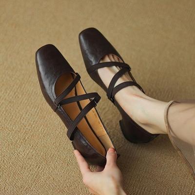 Autumn Square Head Shallow Mouth Single Shoes Women's New One-word Winding Belt Mary Jane Shoes Soft Leather Soft Sole Ballet Shoes
