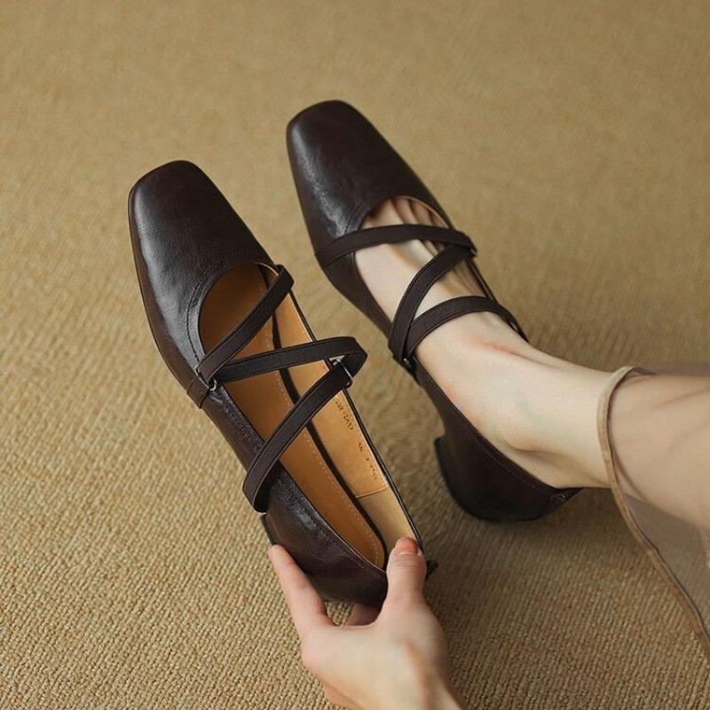 Autumn Square Head Shallow Mouth Single Shoes Women's New One-word Winding Belt Mary Jane Shoes Soft Leather Soft Sole Ballet Shoes