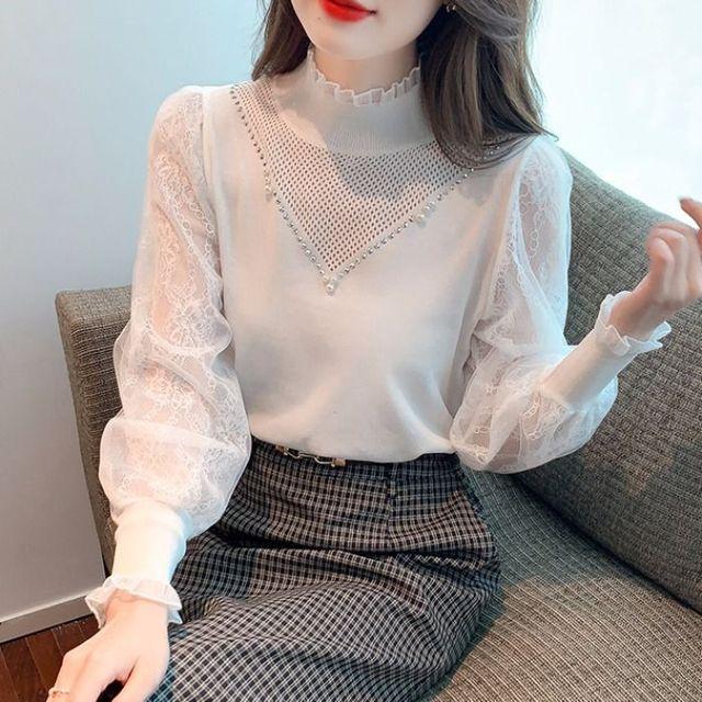 

Весенне-осенняя новая французская рубашка с кружевным низом и высоким воротом, женская трикотажная рубашка с длинными рукавами, пуловеры, топ S белый